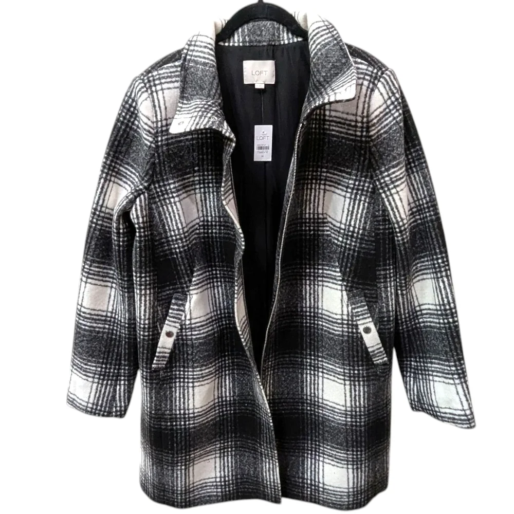 {FLAW} Lane Bryant Black and White Plaid Funnel Neck Pea Car Wool Blend Coat (M) - Picture 5 of 11